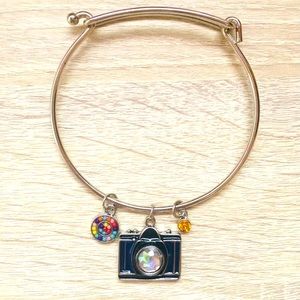 New Camera Charm Bangle Bracelet in Silver